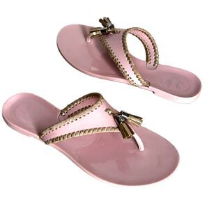 Jack Rogers Thong Shoes Size 5 Sandals Pink with Gold Lacing Tassels Logo